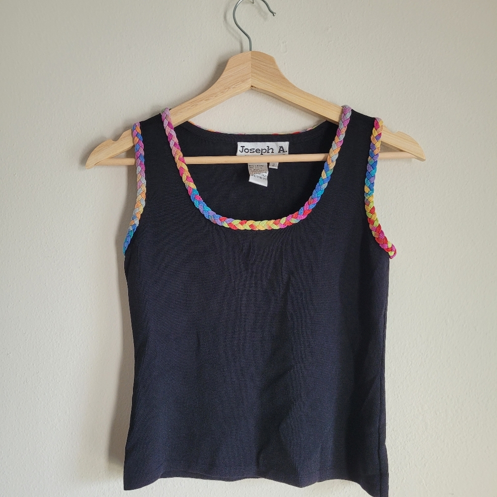 Joseph A Black Tank Top with Rainbow Braided Trim Y2K Size S
